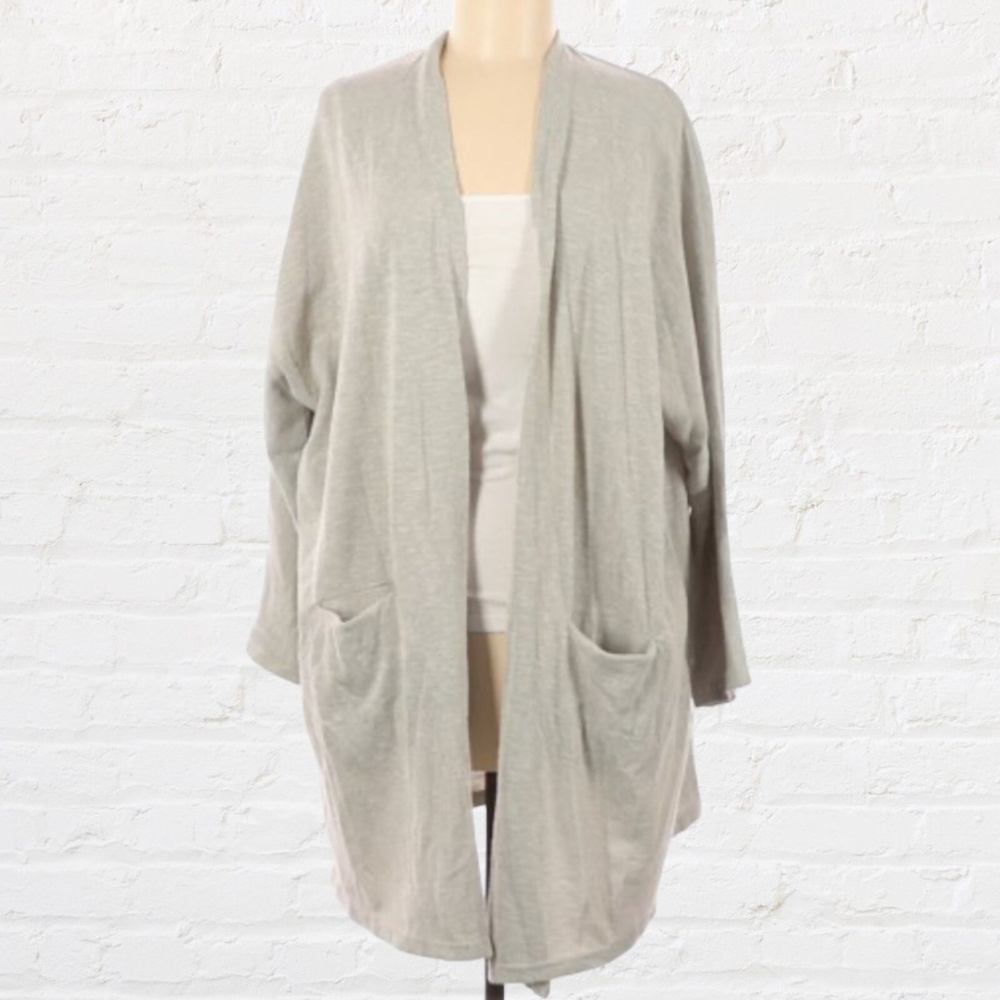 Women's Open Front Cardigan One Size Ribbed Knit Off White Gray Pockets XL